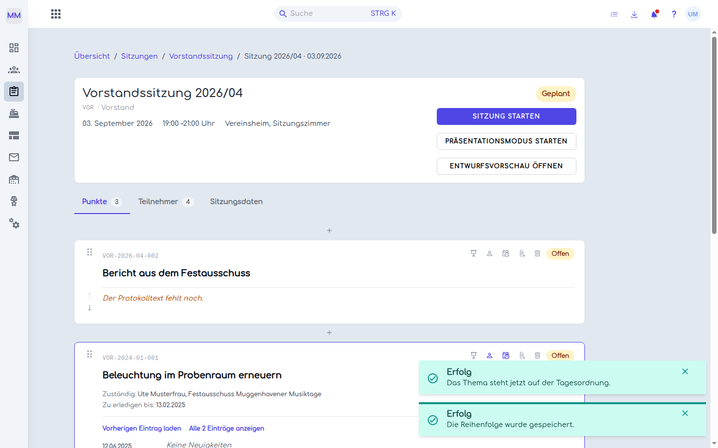 Eine vorbereitete Tagesordnung aus übernommenen und neuen Punkten